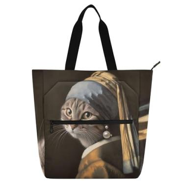 Imagem de Sacola feminina engraçada de gato com brinco de pérola para trabalho, lona, praia, escola, bolsa utilitária, escritório, presente para amantes de livros