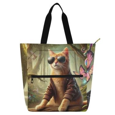 Imagem de GAIGEO Sacola de trabalho engraçada com estampa de gatinho de gato para mulheres bolsa escolar de lona bolsa de tecido para amantes de livros