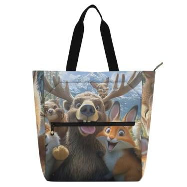 Imagem de GAIGEO Bolsa feminina divertida Moose Animals Fox para trabalho, lona, praia, livro, com zíper, bolsas fofas com compartimentos