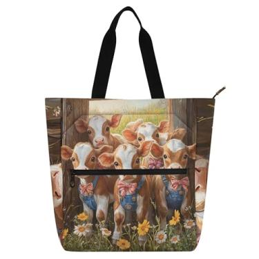 Imagem de Sacolas femininas engraçadas Highland Cow Bezerro Floral Trabalho Bolsa Escolar Lona Bolsa de Livro Senhoras Crianças Bolsas Amantes de Livros Presente