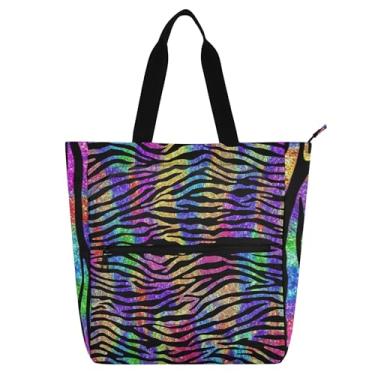 Imagem de GAIGEO Bolsa de trabalho feminina com estampa de zebra arco-íris com glitter, bolsa escolar com zíper, linda bolsa infantil com compartimentos