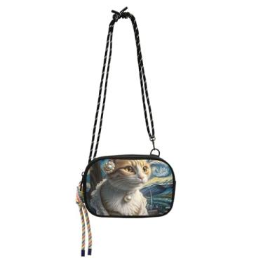 Imagem de TSENQUE Bolsas femininas transversais pequenas carteira para celular moda viagem bolsas de ombro engraçadas gato noite estrelada gatinho