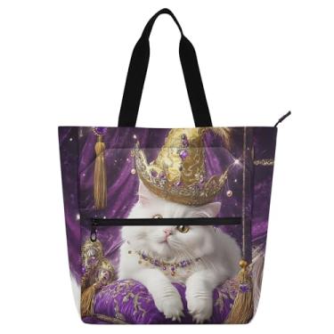 Imagem de Bolsa feminina com coroa dourada de gato branco real para trabalho, praia, livros, bolsa com zíper, utilitária, bolsas infantis, presente para amantes de livros