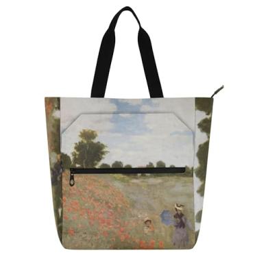 Imagem de Claude Monet Bolsas de trabalho com pintura de flores de papoula para mulheres bolsas de lona universitárias bolsas fofas para crianças amantes de livros presentes