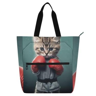 Imagem de GAIGEO Bolsas de trabalho femininas boxer de gato engraçadas de lona escolar bolsa de viagem com compartimentos