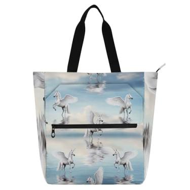 Imagem de GAIGEO Unicórnios brancos Pegasus Cloudy Work Tote Bags for Women Canvas Beach Book Bag Zipper Ladies Kids Handbag with Compartiments