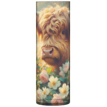 Imagem de Vaso de plástico grande de vaca Highland bezerro flores primavera vaso cilíndrico bonito vaso de flores decorações de outono para casa, 30 cm x 9,9 cm