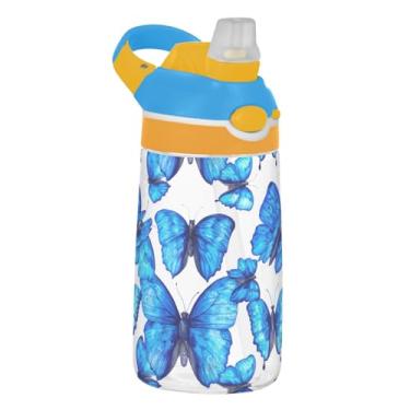 Imagem de Garrafa de água estética branca azul borboleta infantil com canudo 473 ml 473 ml Garrafa de água de plástico Tritan reutilizável portátil para crianças, à prova de vazamento, alça de transporte