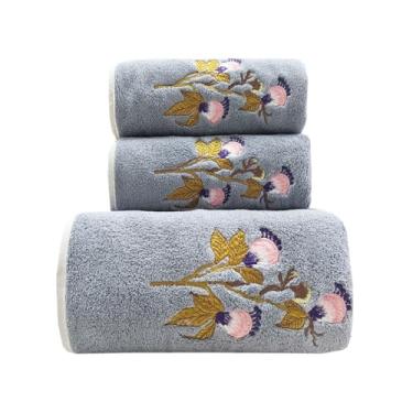 Imagem de Lacomfy Toalhas de banho cinzentas bordadas floral veludo conjunto de toalhas de mão altamente absorventes de lã coral toalhas de mão decorativas borboleta flor toalha de banho para cozinha spa