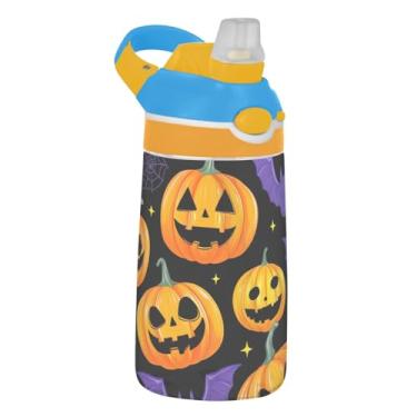 Imagem de Garrafa de água esportiva infantil Halloween Pumpkins Bats preta para escola, 473 ml, garrafa de água Tritan de 473 ml com canudo, copo infantil à prova de vazamento, reutilizável, alça de transporte