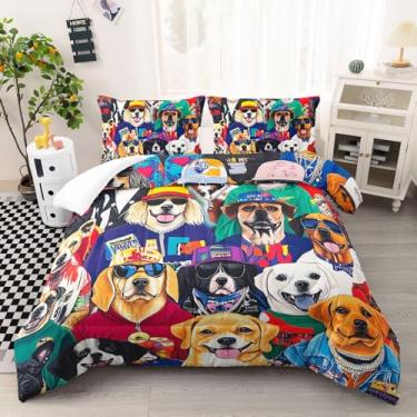 Imagem de AILONEN Conjunto de edredom com desenho de cachorro fofo, tamanho Queen, 3 peças, 1 colcha com 2 fronhas, microfibra macia