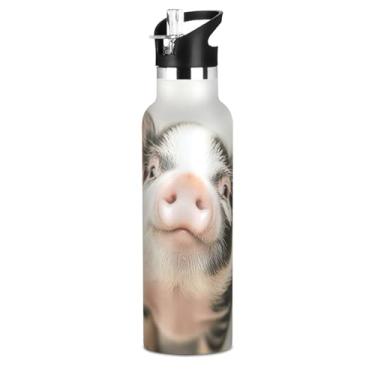 Imagem de Garrafa de água infantil de aço inoxidável para escola, linda estampa de porco rosa e preto, 590 ml, à prova de vazamento, parede dupla, copo de viagem com tampa de canudo