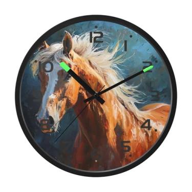 Imagem de SEHANY Relógio de parede artístico majestoso cavalos silencioso, sem tique-taque, relógio redondo operado por bateria, controle de som, luz noturna, relógios de parede para sala de estar, cozinha