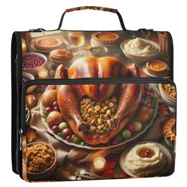 Imagem de Fichários de 3 cm, 3 anéis, resistente, dia de ação de graças, festival de comida de peru, fichário com zíper, fichário organizador com alça bolsa escolar colorida, vários bolsos, pasta grande para