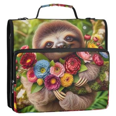 Imagem de Fichários grandes de 3 cm com 3 anéis, flores de preguiça fofas e resistentes, organizador de fichários com zíper, portfólio e estojo, pasta de anel, bolsa escolar com alça de ombro