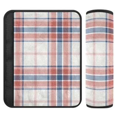 Imagem de Capa de alça de assento de carro xadrez branca vermelha moderna, 25 x 19 cm, almofada de cinto de segurança para crianças, pacote com 2 capas macias de alça de assento de carro