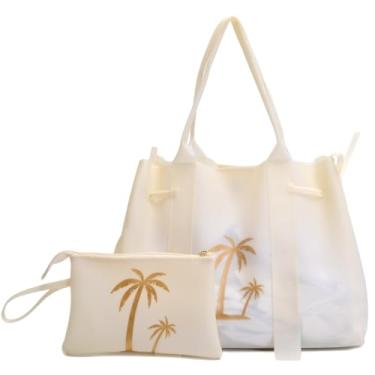 Imagem de Bolsa de Praia com Estampa de Palmeiras, Conjunto 2 Peças, Preta e Dourada, Design Tropical (branco)