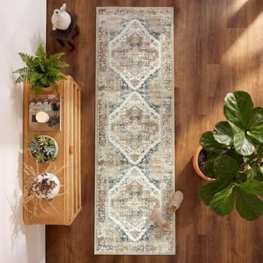 Imagem de jinchan Tapete de cozinha 5 x 15 cm, estampa vintage, lavável, antiderrapante, tapetes de corredor para corredores, entrada, escritório, quarto, tapete leve retrô de chenille fino