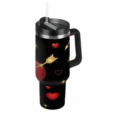 Imagem de Blueangle Copo grande de coração vermelho brilhante de 1,134 g com alça e tampa de palha, caneca de viagem de aço inoxidável com isolamento a vácuo de parede dupla, garrafa de água reutilizável para