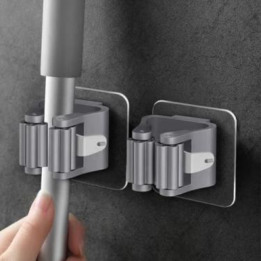 Imagem de Suporte de parede para vassoura, suporte de parede para esfregão autoadesivo, sem perfuração, organizador de suporte de esfregão para ferramentas de limpeza (branco)