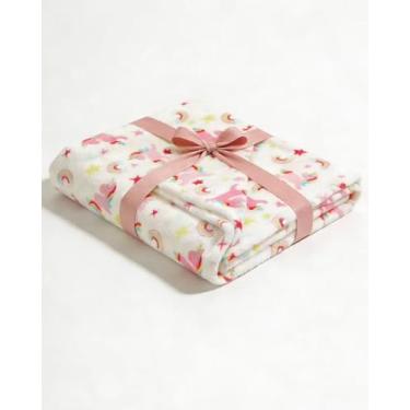 Imagem de Cobertor de pelúcia premium com estampa de arco-íris de unicórnio fofo, rosa e branco, lã de ovelha, dupla face, 76 x 101 cm, lavável na máquina, adequado para todas as idades (127 x 155 cm)