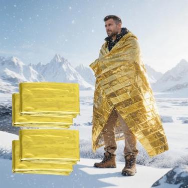Imagem de Cobertor térmico de emergência, 4 peças, cobertor espacial de filme de alumínio refletivo para acampamento, caminhada, equipamento de sobrevivência, folha de isolamento dobrável leve dourada (210 x