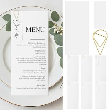 Imagem de Humyoun Conjunto de 50 cartões de menu de 34,5 kg / 210 g/m² com clipes de papel em forma de gota para mesa faça-você-mesmo, cartolina branca em branco para casamento, jantar, banquete, mesa