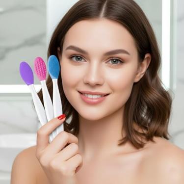 Imagem de Conjunto de 3 pincéis de limpeza facial de silicone, aplicador de máscara de limpeza labial, ferramentas de cuidados com a pele portáteis esfoliantes para casa (azul, vermelho, roxo)