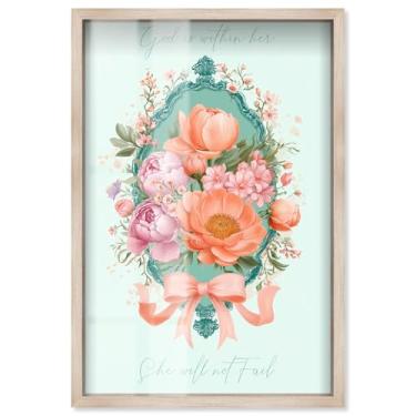 Imagem de God is With Her Floral Shadowbox Impressão Jesus Wall Art por Art Remedy, moldura loira, 28 x 40 cm