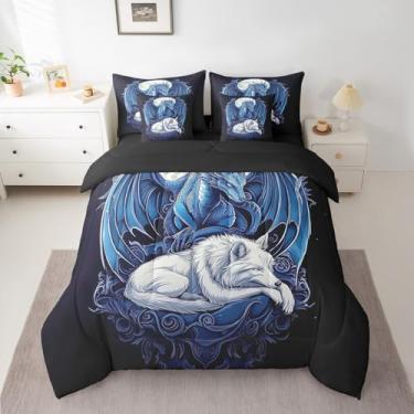 Imagem de Erosebridal Jogo de edredom queen com dragão, cama de animais lobos, vida selvagem exótica tribal, 7 peças, para quarto de meninos, adultos, homens, preto e azul