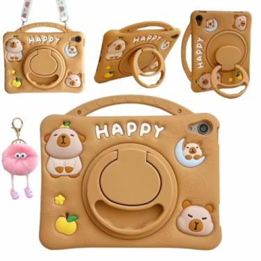 Imagem de Lubiogio Capa capivara fofa 3D para Samsung Galaxy Tab A9 22.1 cm 2023 SM-X110/X115/X117, capa de silicone macio com desenho kawaii, suporte giratório com cordão para adolescentes e mulheres