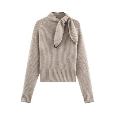 Imagem de Suéter Feminino De Manga Longa Em Tricô Com Gola De Cachecol Em Cores 