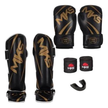 Imagem de Kit Luva de Boxe + Caneleira Muay Thai Kickboxing + Bandagem + Protetor Bucal - Champions Preto e Dourado MKS Combat (LUVA 10oz + CANELEIRA G)