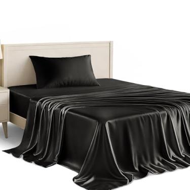 Imagem de Conjunto de lençóis de cetim solteiro Lux Decor de 3 peças – Tecido luxuoso sedoso macio 100% poliéster, lençol com elástico alto – Roupa de cama macia e respirável com fronha (preto)
