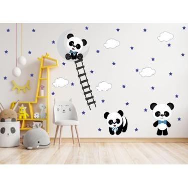 Imagem de adesivo de parede pandas escada gravatinha lua e nuvens estrelas decor