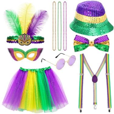 Imagem de JATEBI Acessório de fantasia de carnaval incluído, saia tutu de penas sintéticas, máscara de lantejoulas para festa de desfile, amarelo, roxo, verde, One Size