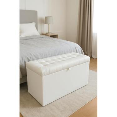 Imagem de Puff Baú Organizador 1 Metro | Assento Estofado Suede | Suporte 180kg(Branco Corino,Pés em PVC)