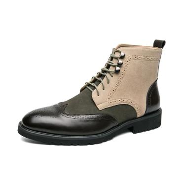 Imagem de Botas masculinas casuais Chukka Brogue couro PU elegante patchwork cano médio bota de trabalho bico bico Derby bota, verde-escuro, 42