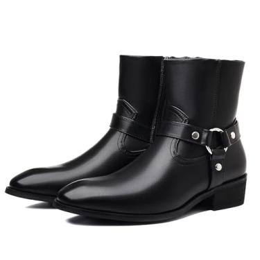 Imagem de Botas de cowboy masculinas casuais retrô elegantes cavaleiro botas masculinas de couro sintético cano médio com design de zíper lateral, Preto, 9