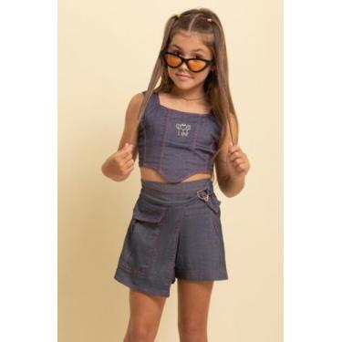Imagem de Conjunto Jeans Verão Shorts Saia Top Menina Lessa Kids K158, Jeans, 8 