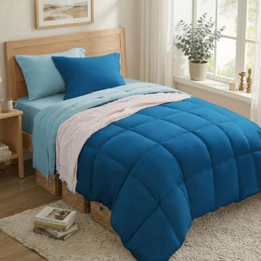 Imagem de Anluoer Conjunto de edredom solteiro, azul-petróleo e azul claro em uma bolsa, 5 peças, conjunto de cama leve com enchimento alternativo macio, conjunto de cama inclui edredom, lençol de cima, fronha