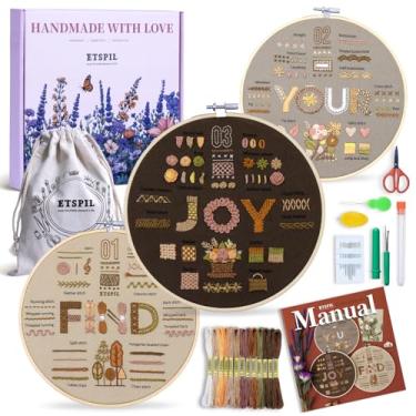 Imagem de ETSPIL Kit De Bordado Para Iniciantes "Find Your Joy", Pacote Com 3 Kits Iniciais "Faça Você Mesmo" Para Adultos Com 42 Pontos, Padrões Estampados, Desenhos Florais, Bastidor De Bordado, Fio Dental
