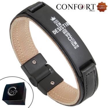 Imagem de Pulseira de Couro Preto Magnética com Imã Quando Penso Frase-Unissex