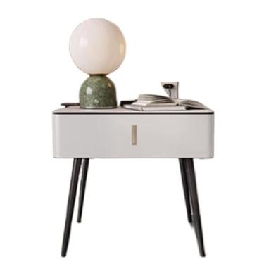 Imagem de Mesa de cabeceira com bordas arredondadas, mesa de cabeceira de madeira de couro, gaveta única, armazenamento oculto, móveis de cabeceira com pernas elevadas/bege, cinza, laranja, branco (branco)