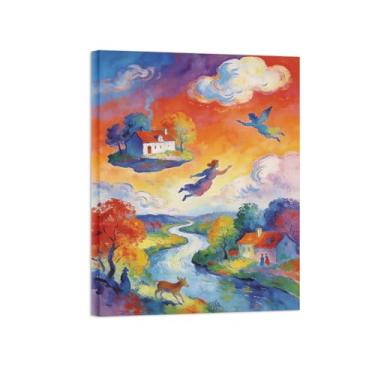 Imagem de BMZFYBS Arte de parede surrealismo impressões em tela - casa rio nuvens pôr do sol - pintura de decoração de paisagem - imagens para sala de estar pronto para pendurar 40 x 50 cm 16 x 20 polegadas