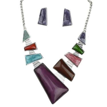 Imagem de ViVDuo Conjunto de joias femininas geométricas de liga esmaltada, triângulo, quadrado, losango, colar, brincos, joias para mulheres noivas, Extra Large, Metal, Zircônia cúbica