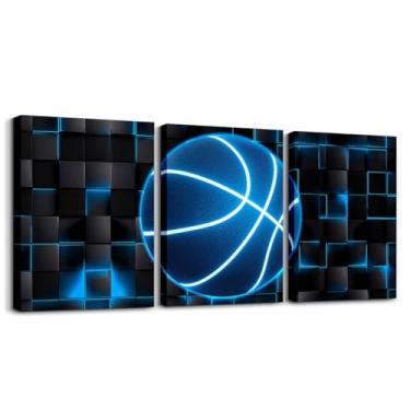 Imagem de Feelyou Arte de parede em tela azul e preta para sala de estar quarto 30,5 cm x 40,6 cm 3 peças basquete jogos esportes imagem decoração de parede geomnetric decoração de escritório arte pôsteres