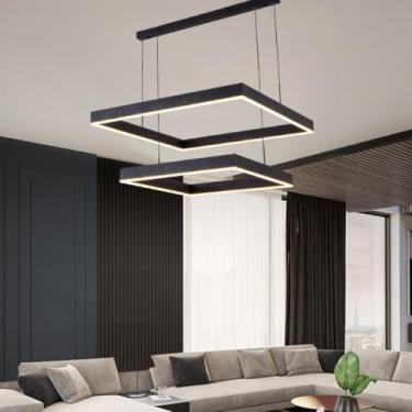 Imagem de Lustre moderno de LED com 2 anéis, dimerizável, com controle remoto, altura ajustável (3000K-6000K), ideal para sala de estar, quarto, sala de jantar e ilha de cozinha (40+60cm).
