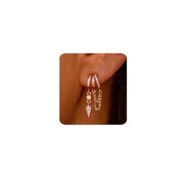 Imagem de MUMREUES Brincos de ouro femininos modernos de ouro 14 quilates com pingente de argola pequena brincos de zircônia cúbica simples minimalistas brincos delicados corrente borla ilusão brincos