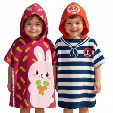Imagem de KIT 2 TOALHAS PONCHO INFANTIL TIPO ROUPÃO COLORIDA SECAGEM RÁPIDA PRAIA PISCINA PROTEÇÃO CONTRA VENTO BANHO EM CASA PRESENTE PARA MENINO E MENINA